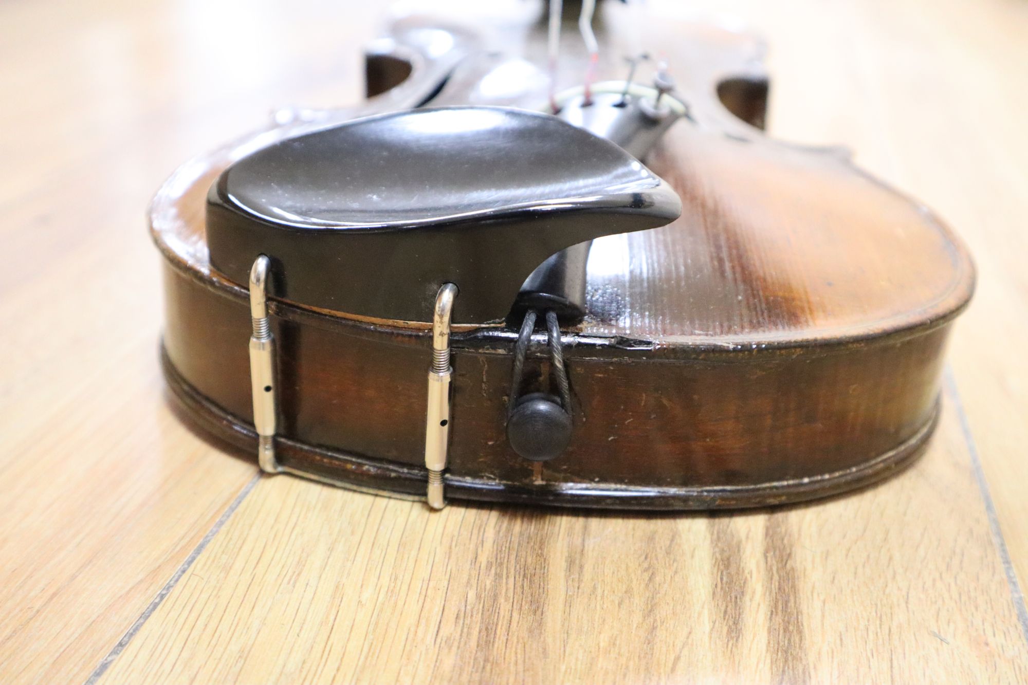 A violin labelled W Placht & Co, 58cm, cased